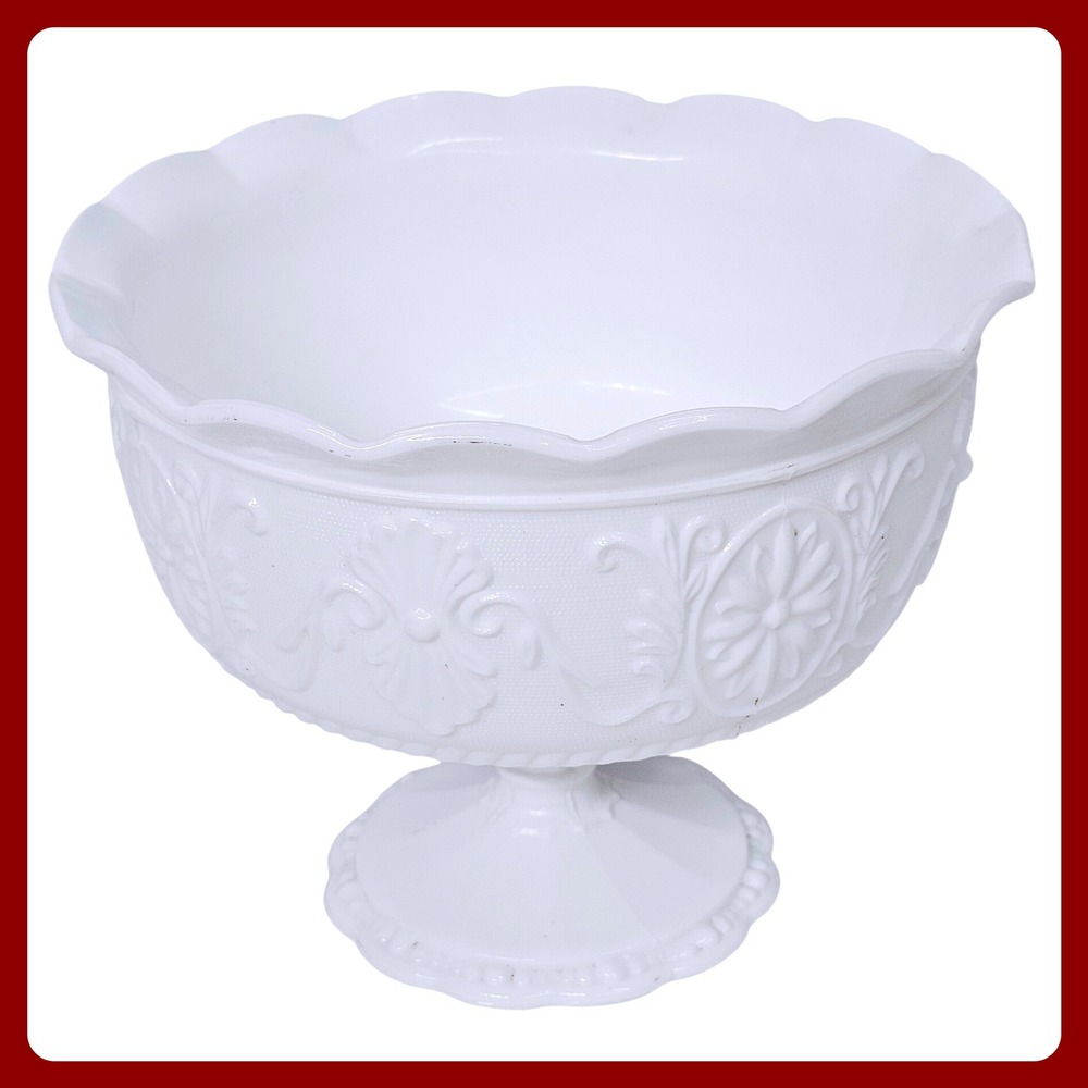 Indiana White Milk‎ Glass Pedestal Compote Bowl Scalloped Floral Embossed 6"
